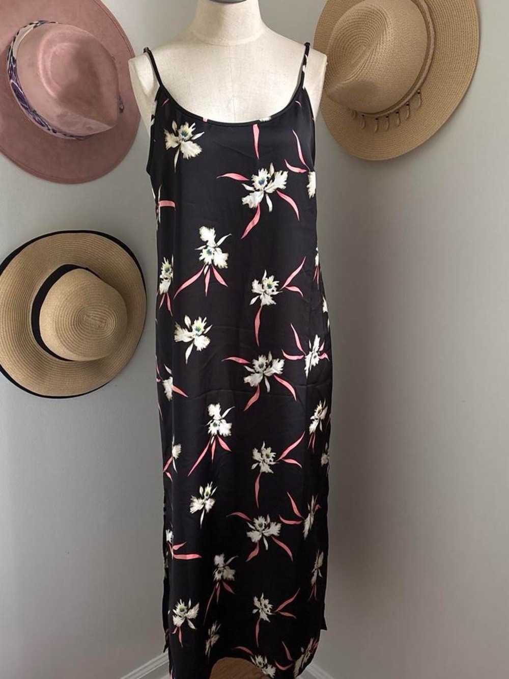 J. Crew Black Floral Midi Slip Dress with Pink and Cream Accents